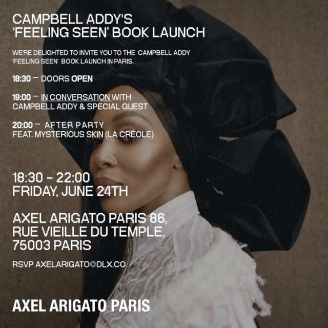 Promotional image for Campbell Addy's 'Feeling Seen' book launch in Paris featuring a portrait of Campbell Addy with event details.