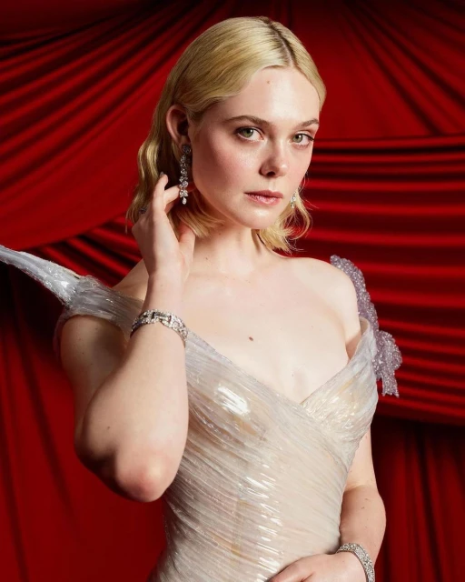 Portrait of blonde woman wearing a sequined gown and jewelry, holding her hand to her neck, in front of a red draped background.