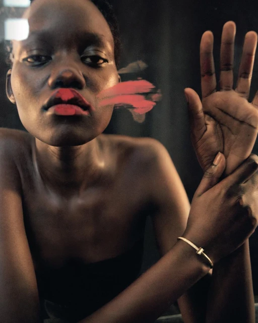 Portrait of an African woman with red lipstick and a gold bracelet, her hand is on a window with smeared lipstick.