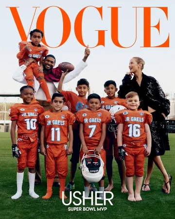 Vogue magazine cover featuring Usher with a group of young football players on a green field, woman in a black sparkly coat in the background.