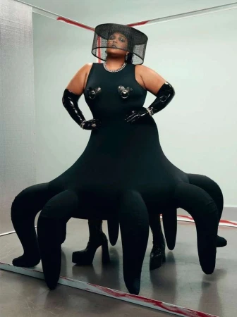 Stylish woman poses in a black dress with tentacle-like extensions, complemented by a black hat and gloves in a studio setting.