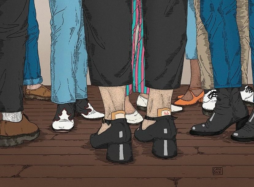 Eye-level illustration of a diverse group of people from the knees down, showcasing various shoes and socks on a wood floor.