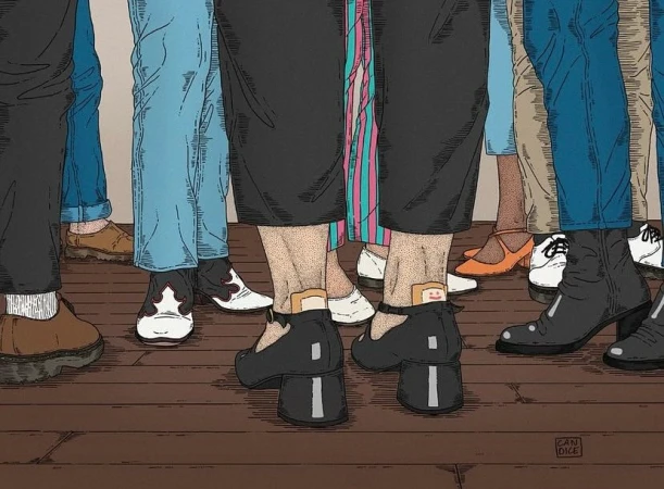 Eye-level illustration of a diverse group of people from the knees down, showcasing various shoes and socks on a wood floor.