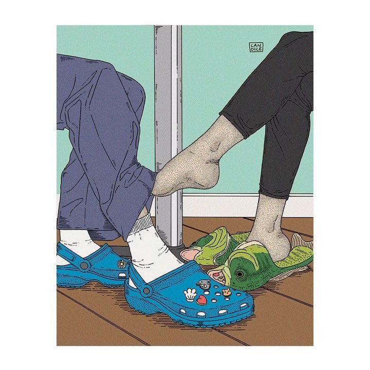 Artistic illustration of two people wearing blue Crocs and green fish-shaped slippers indoors. Creative footwear fashion.