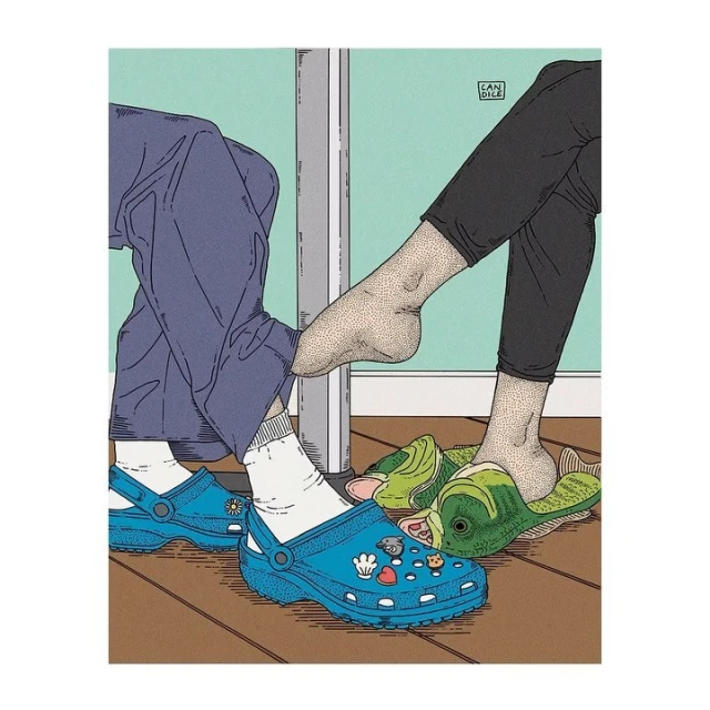 Artistic illustration of two people wearing blue Crocs and green fish-shaped slippers indoors. Creative footwear fashion.