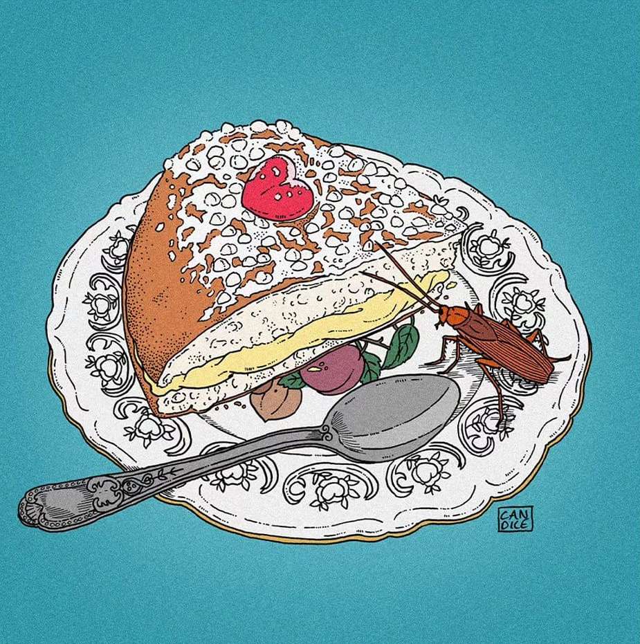 Illustration of a slice of decorated cake on a plate next to a spoon, with two plums and a cockroach, set against a blue background.