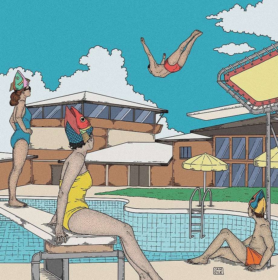 Illustration of people with fish heads at a pool with a diving board. A person dives in the air in the background.