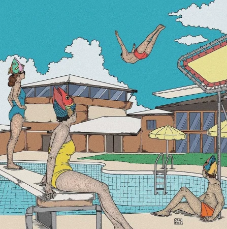 Illustration of people with fish heads at a pool with a diving board. A person dives in the air in the background.