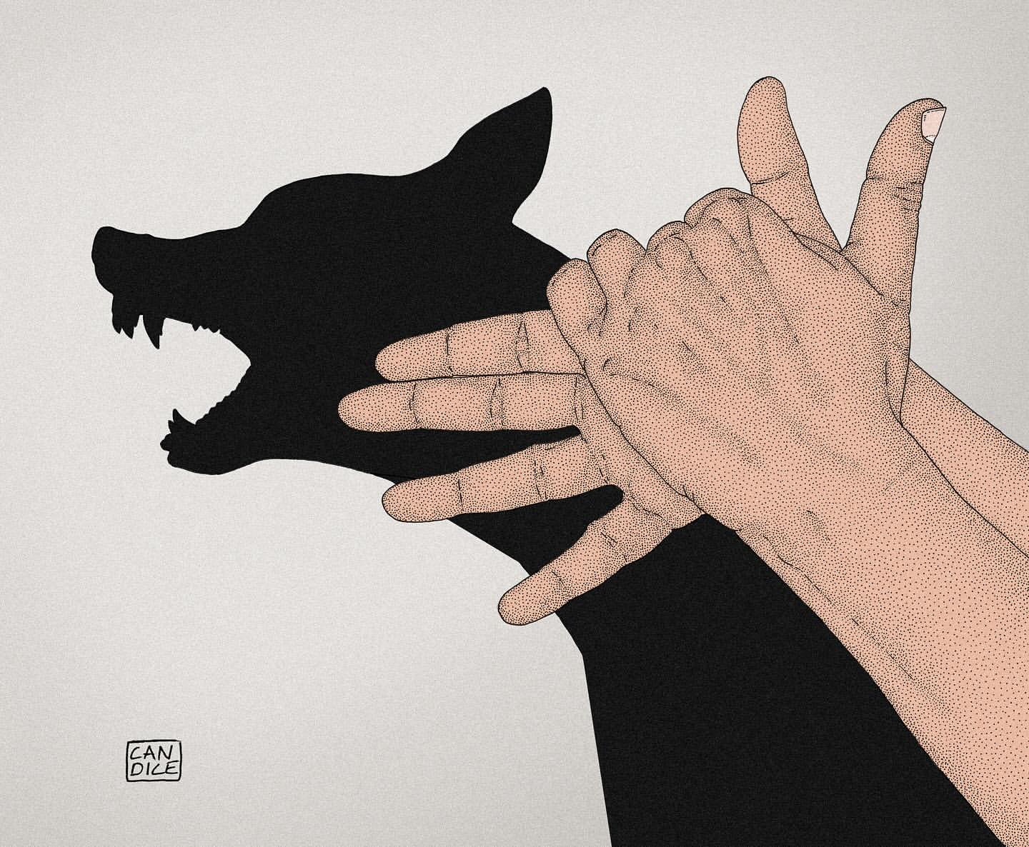 Illustration shows hands forming a shadow puppet of a snarling dog with sharp teeth against a neutral backdrop in black and white.