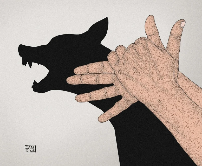 Illustration shows hands forming a shadow puppet of a snarling dog with sharp teeth against a neutral backdrop in black and white.