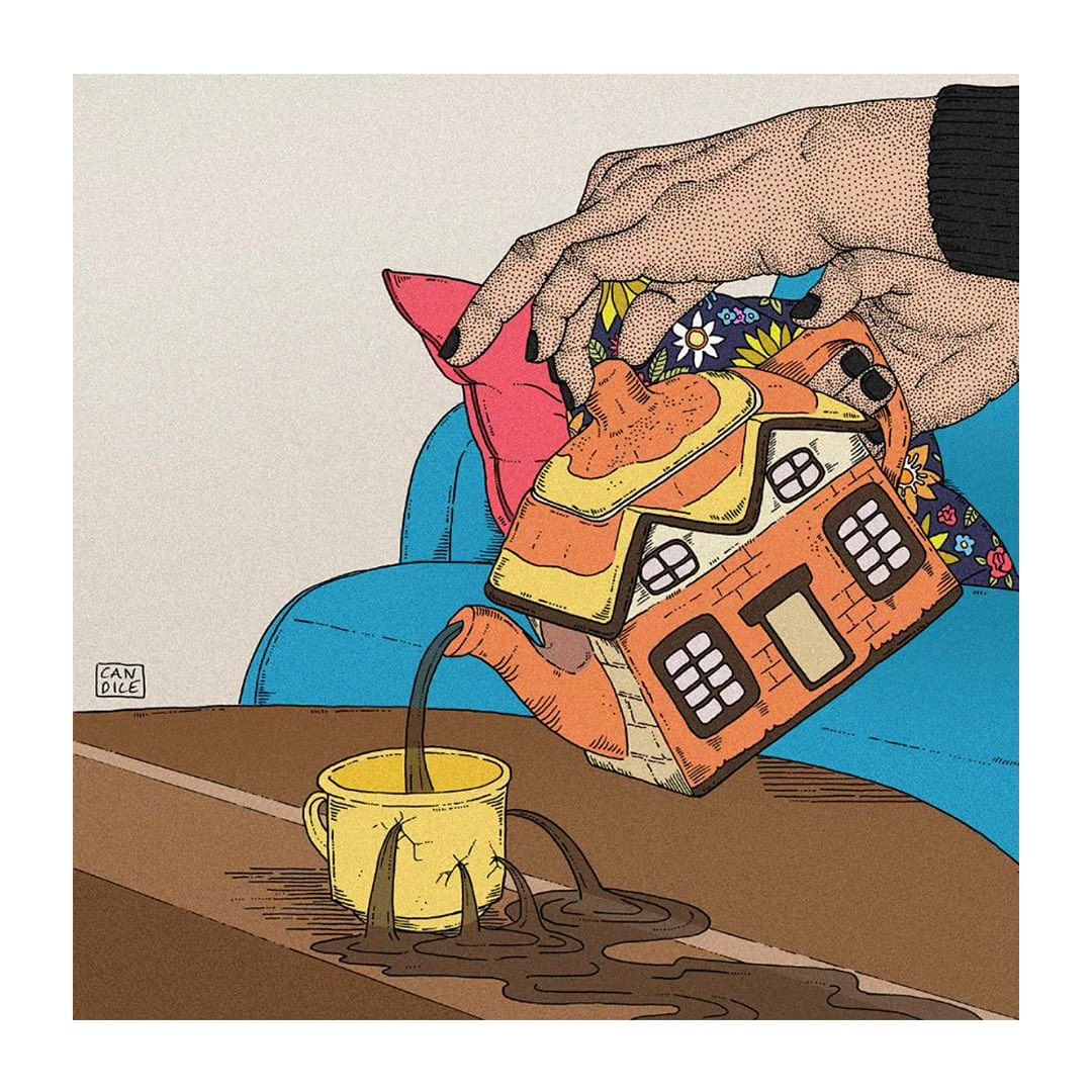Illustration of a house-shaped teapot held by hands pouring liquid into a mug on a brown table, with a blue sofa in the background.