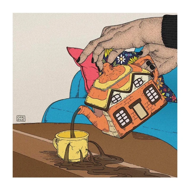 Illustration of a house-shaped teapot held by hands pouring liquid into a mug on a brown table, with a blue sofa in the background.