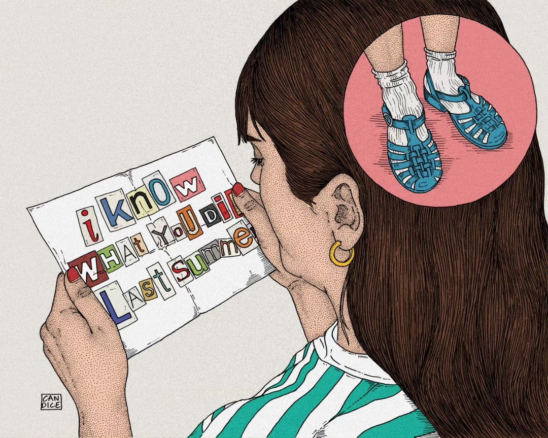 Illustration of woman reading a ransom note with shoes visualized in her head, cartoonish style, displaying retro summer aesthetic