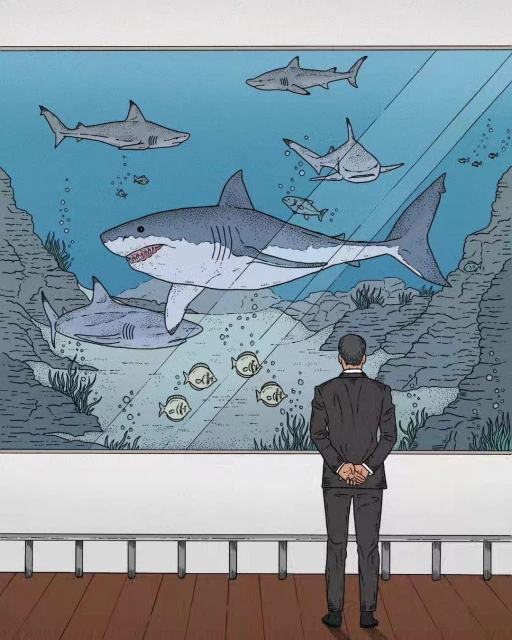 Illustration of a man in a suit viewing a large aquarium filled with sharks and other fish, against a light-colored wall and wood floor.