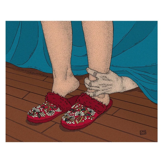Illustration of a person's feet in red slippers with embroidered details, being supported by a hand, set against a blue curtain backdrop.