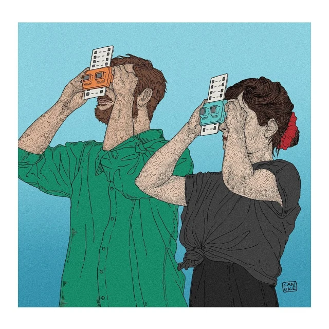 Illustration of a man and woman looking into vintage stereo viewers with a blue background and dotted pattern. Conceptual and artistic.