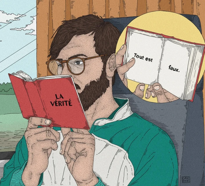 Illustration of a man with glasses reading a red book titled 'La Verite' while another book displays the text 'Tout est faux'.