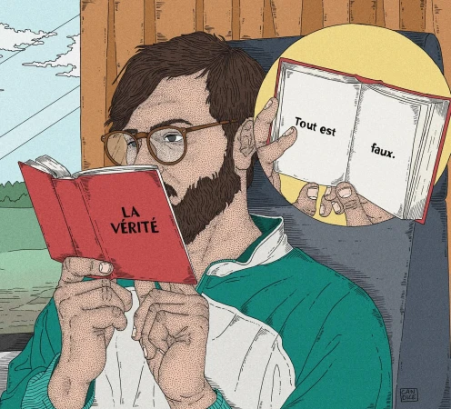 Illustration of a man with glasses reading a red book titled 'La Verite' while another book displays the text 'Tout est faux'.