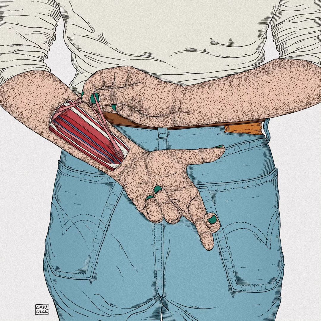 Illustration of a person holding an elastic band that stretches open a hole in their arm, revealing red muscles underneath, with crossed fingers.