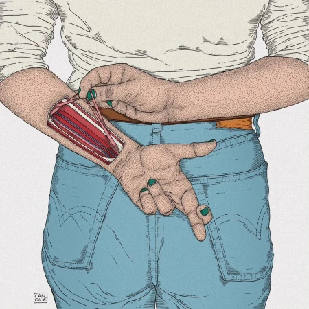 Illustration of a person holding an elastic band that stretches open a hole in their arm, revealing red muscles underneath, with crossed fingers.