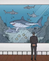 Illustration by Candice Roger of a man in a suit standing before a large aquarium viewing sharks and small fish