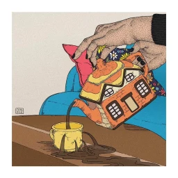 Illustration by Candice Roger of a hand pouring dark liquid from a house-shaped teapot into a cracked yellow cup on a wooden table.