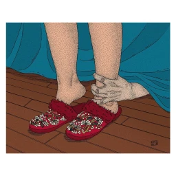 Detailed illustration by Candice Roger of legs wearing red embroidered slippers and a hand gripping an ankle