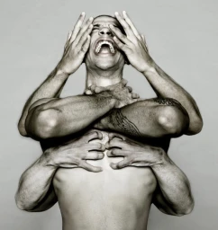 Man with multiple arms screaming with head back and hands gripping his face, neck, and chest in a portrait by Canduarte