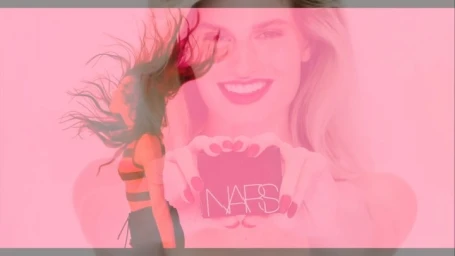 Portrait of a smiling woman holding a NARS cosmetics compact with a pink colour overlay and silhouette silhouette figure.