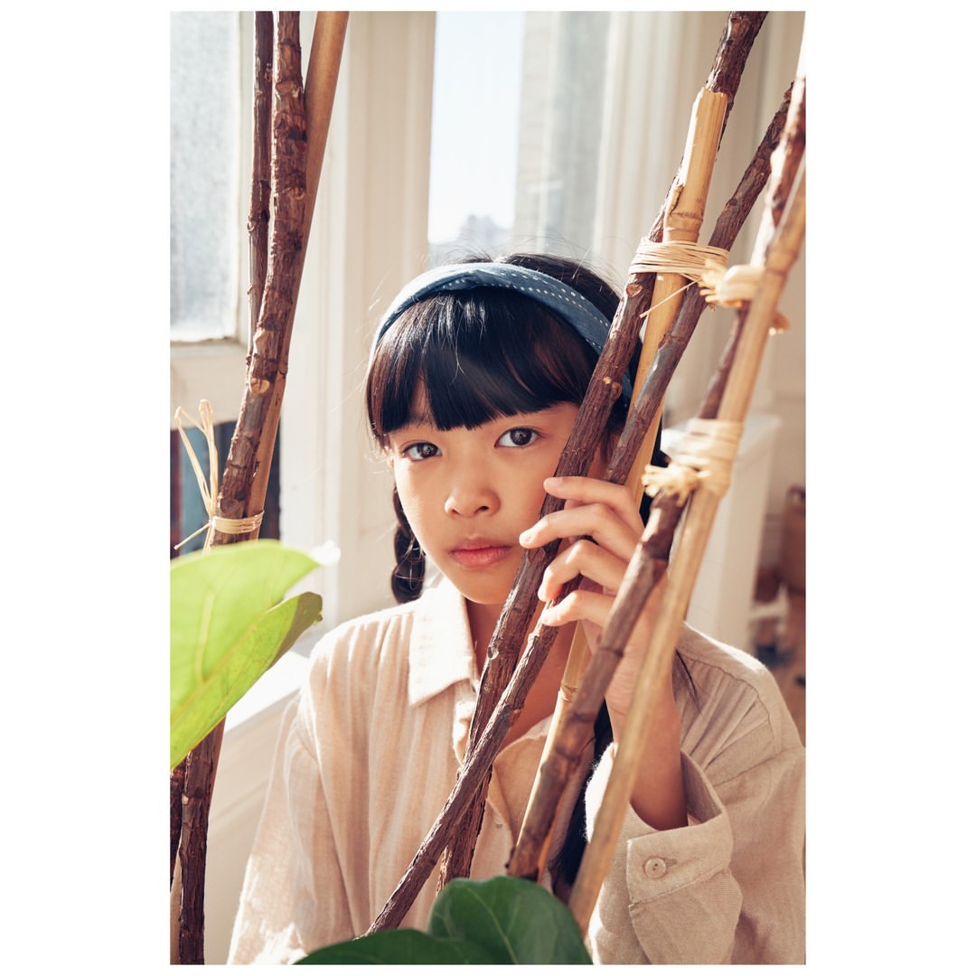 Portrait of an Asian girl with braids, looking at camera in front of brown branches and plant with bright light from window.