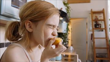 A young blonde girl in a kitchen tasting a lemon, grimacing from the sourness, with a ladder and kitchen cabinets in the background.