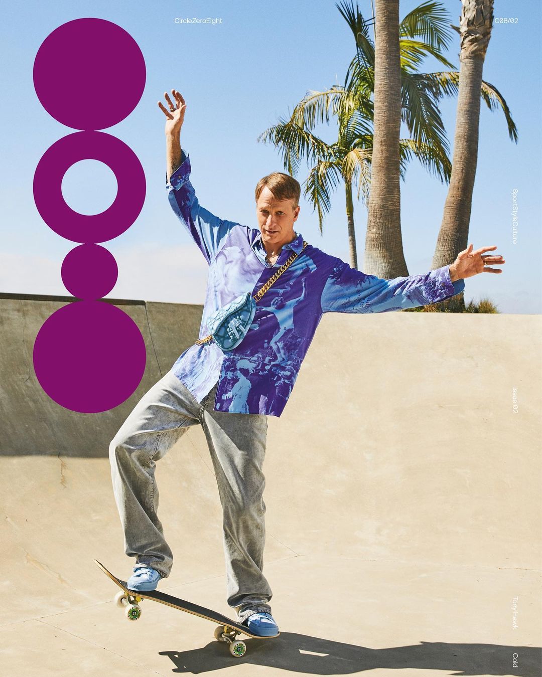 Man skateboarding in a skatepark, captured at eye-level with bright daytime lighting, featuring a purple graphic element.