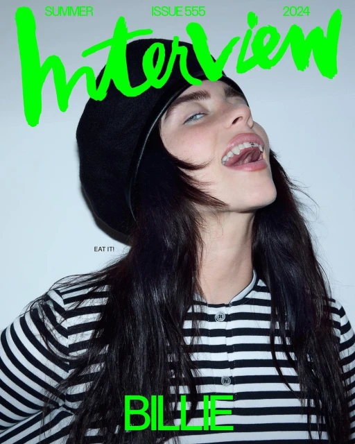 Magazine cover featuring Billie Eilish with a black beret and striped shirt, set against a plain backdrop with bright green magazine title.