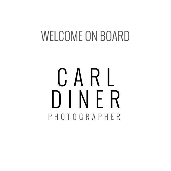 Minimalist graphic design featuring the text 'WELCOME ON BOARD' above 'CARL DINER PHOTOGRAPHER' in black against a white background.