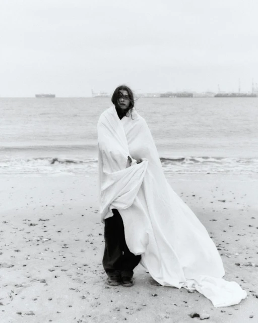 A young adult stands on a sandy beach covered in a white sheet against a cloudy sky, with the ocean and distant ships in the background.
