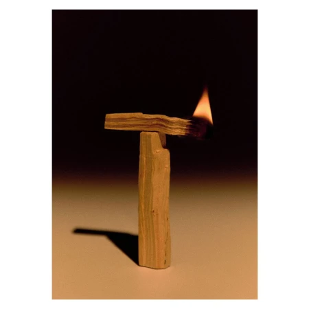 Lit palo santo wood resting vertically on a table; a small flame burns on one end. The background is dark and out of focus.
