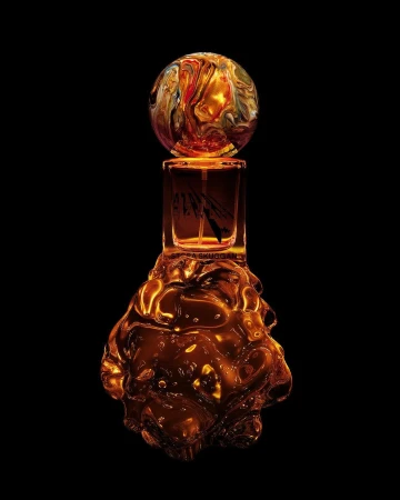 Abstract view of a perfume bottle with a clear glass body and decorative orb cap, set against a dark background.
