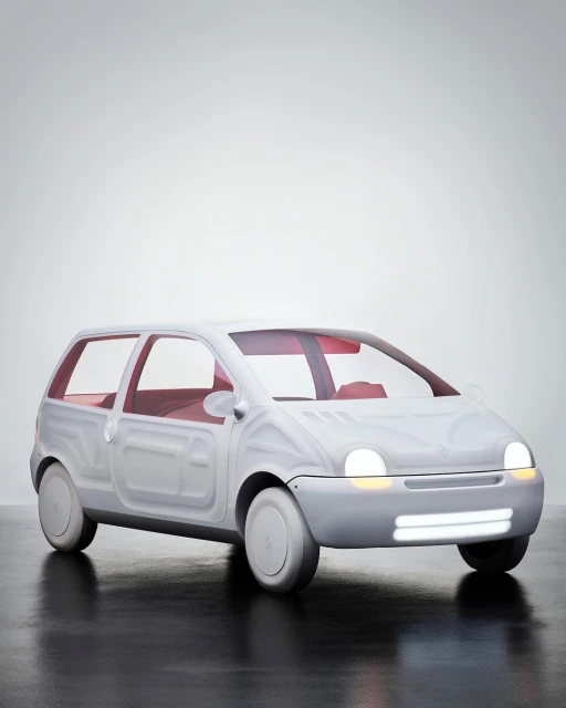 Studio shot of a white compact car with red interior details, headlights illuminated, against a gradient gray background.