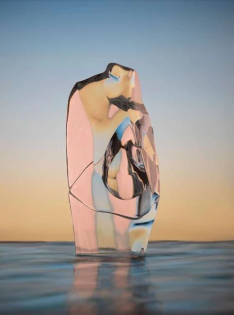 Abstract glass sculpture on reflective surface with blurred blue and orange background, studio lighting reflecting on angles and planes.