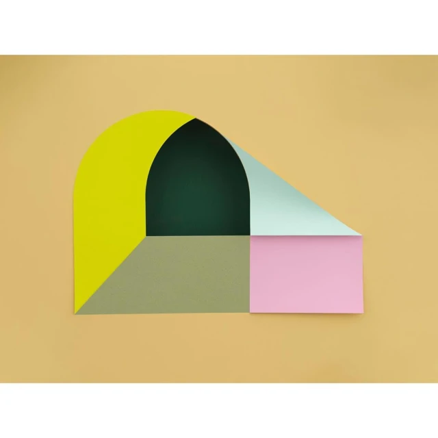 Abstract paper art featuring geometric shapes in yellow, green, pink, and teal on a tan background, creating a contemporary aesthetic.