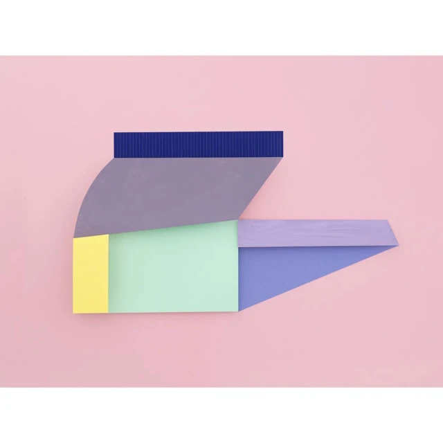 Abstract geometric shapes in pastel colors: blue, purple, yellow and green, against a solid pink background in a minimalist design.