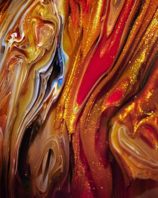 Abstract liquid art featuring swirling patterns of gold, red, bronze, and white paint creating a textured, dynamic composition.