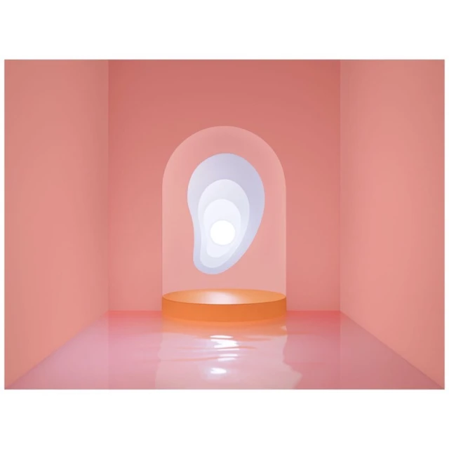 Abstract room interior with a podium under an archway with layered shapes and glowing light, against pink walls and floor.