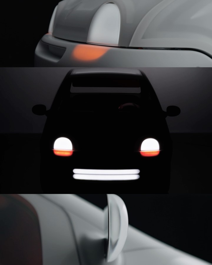 Automotive design features a digitally rendered car with illuminated headlights and taillights against a stark black background, showcasing automotive lighting.
