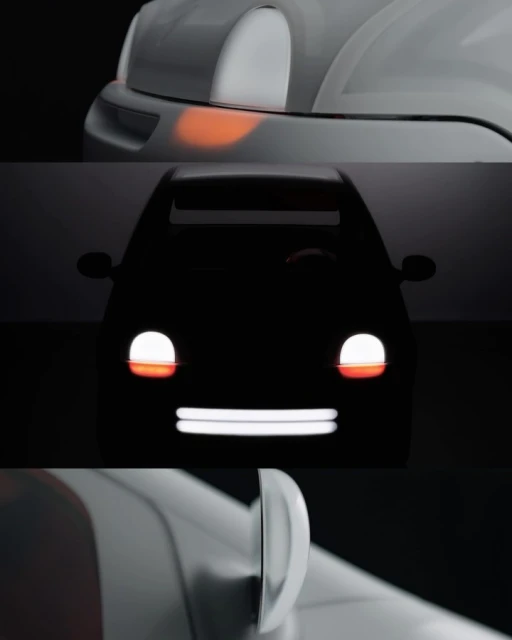Automotive design features a digitally rendered car with illuminated headlights and taillights against a stark black background, showcasing automotive lighting.
