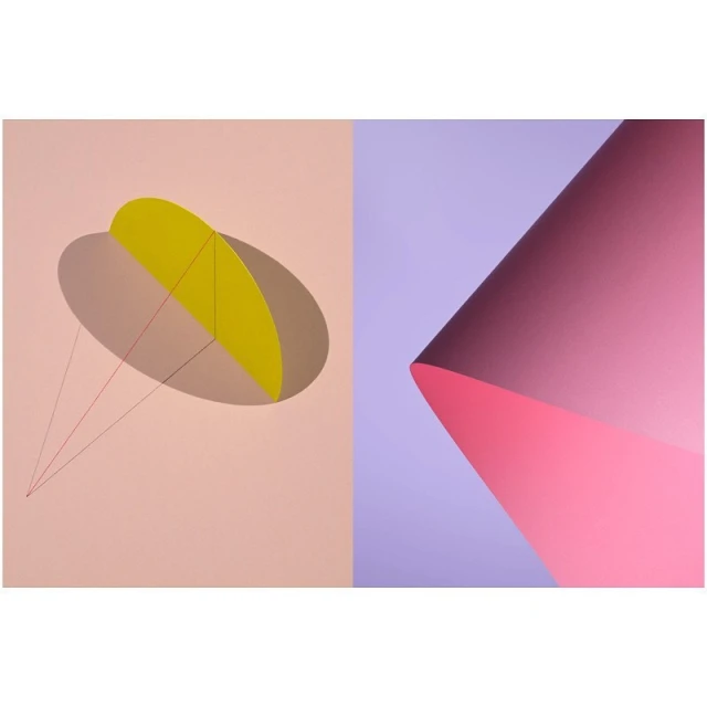 Abstract geometric art on pink and purple background features yellow oval shape with red string and gradient shaded paper cone.