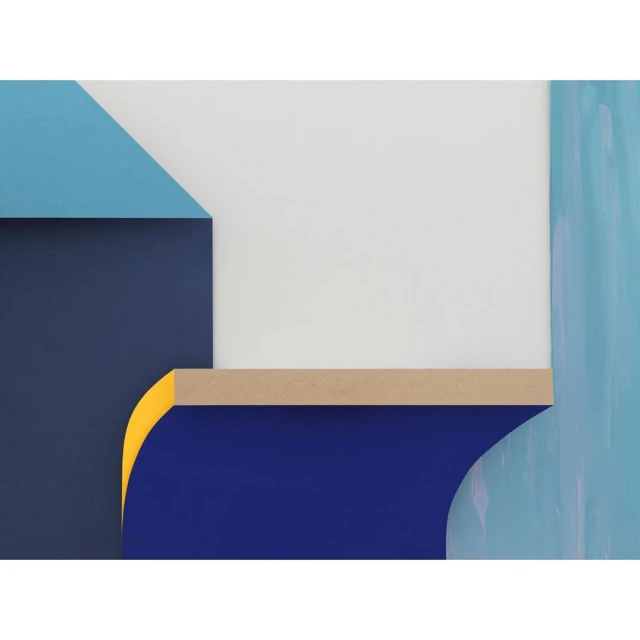 Abstract geometric wall art featuring a layered composition of dark blue, light blue, yellow, brown, and white shapes on a blue background.