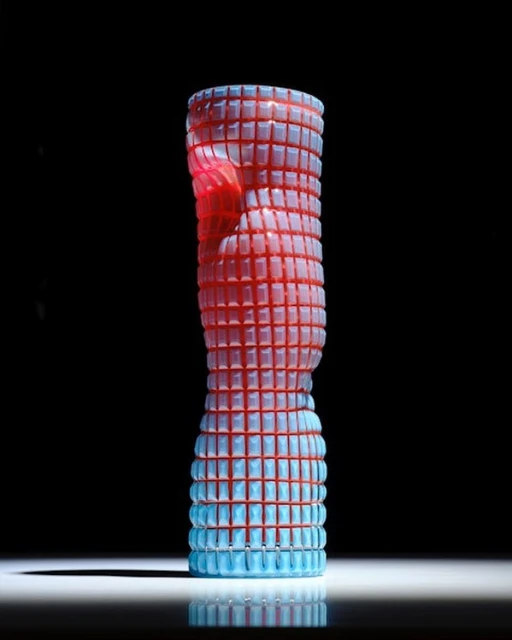 Abstract art glass sculpture illuminated in red and blue with a stacked, twisted form in a black studio setting. Art object.
