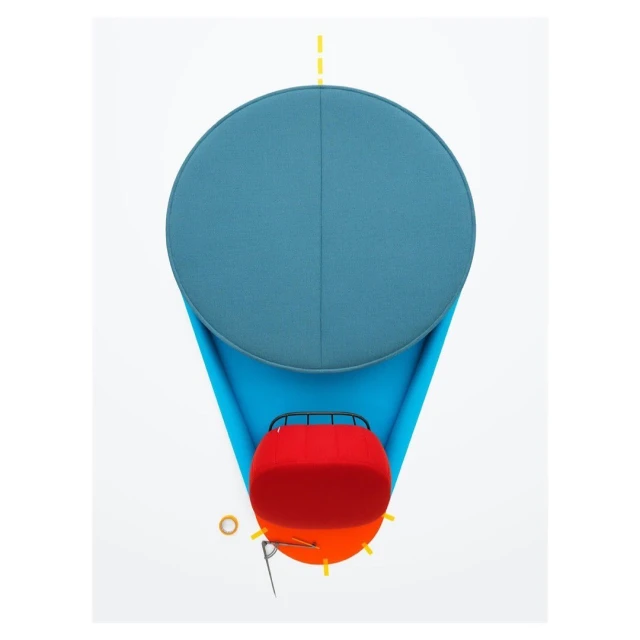 Stylized hot air balloon graphic with blue and red spheres and a light blue geometric shape, creating a whimsical and artistic composition.
