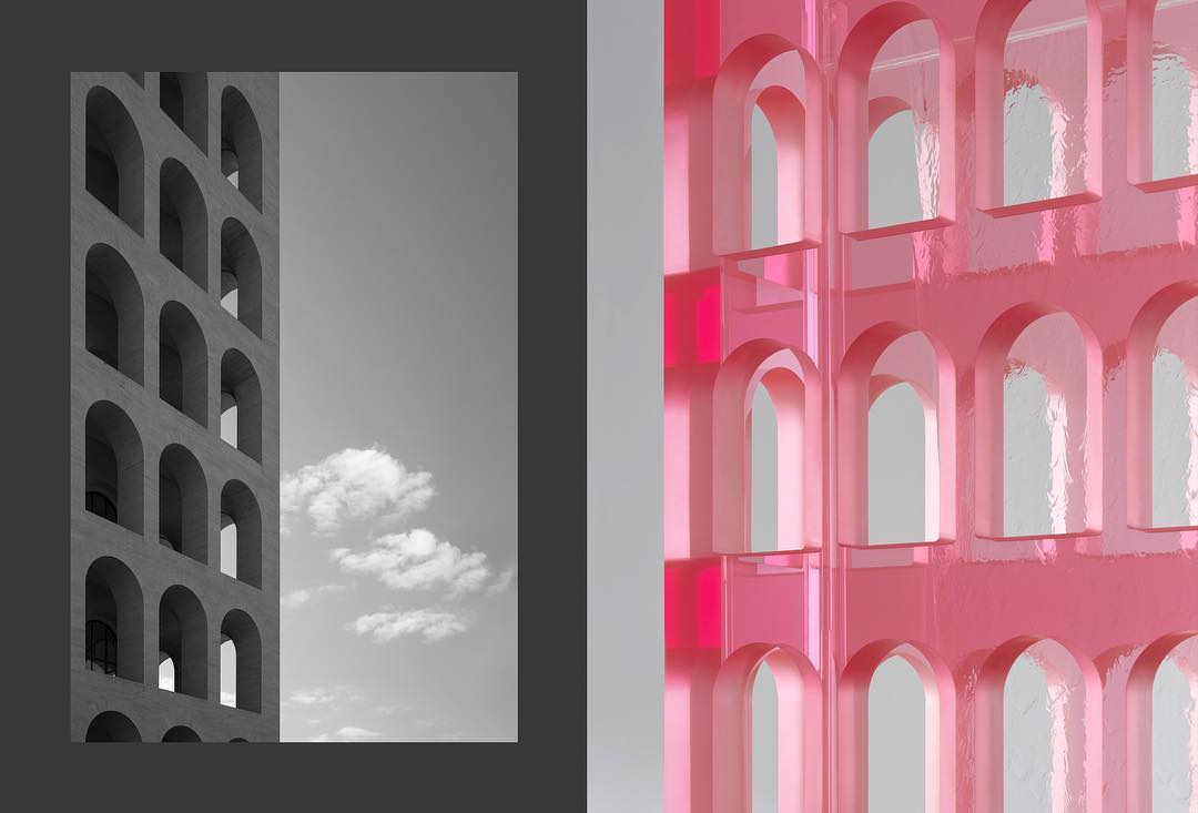 Architectural composition featuring a grey building facade under a cloudy sky alongside a translucent pink building model on a light background.